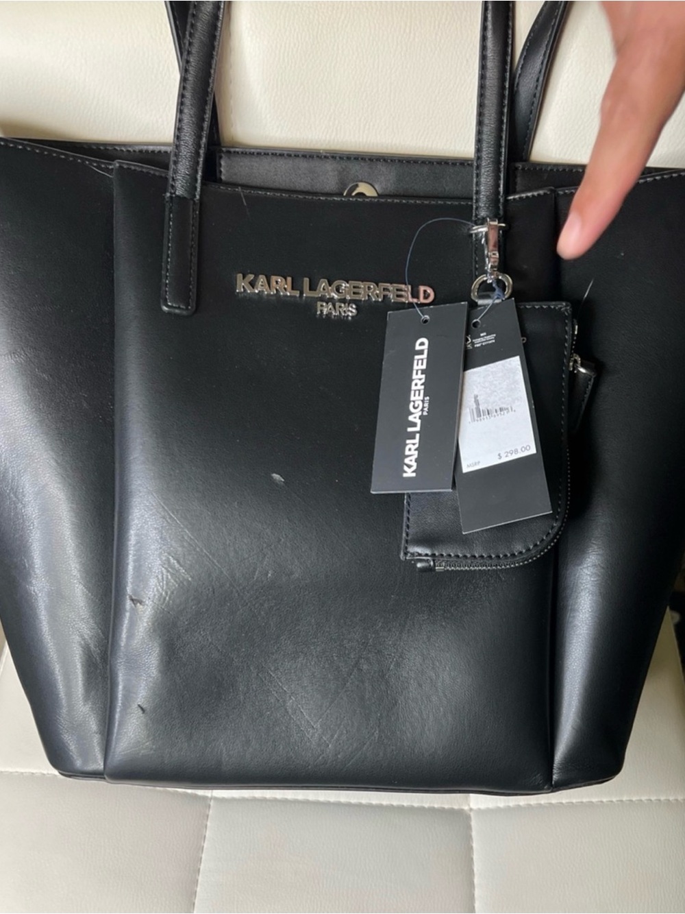 Karl Lagerfeld Black Faux Leather Tote with Attached Pouch